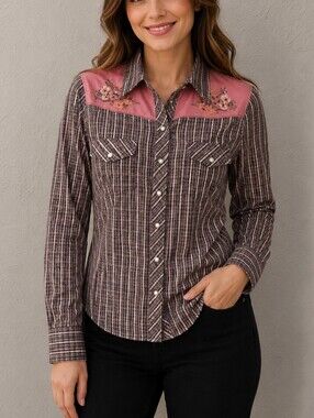 CRUEL GIRL Pink Plaid Floral Embroidered Western Snap Shirt